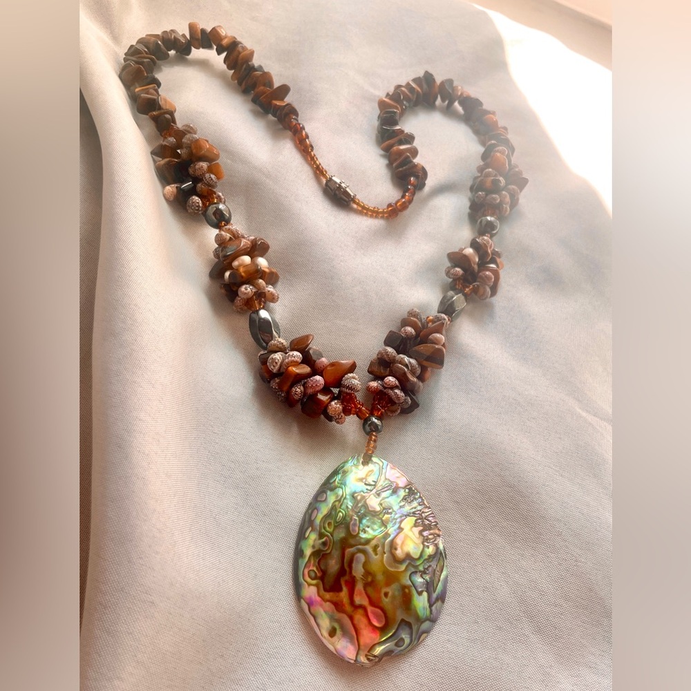 Abalone shell necklace with tigers eye & hematite gemstone beads and tiny shells